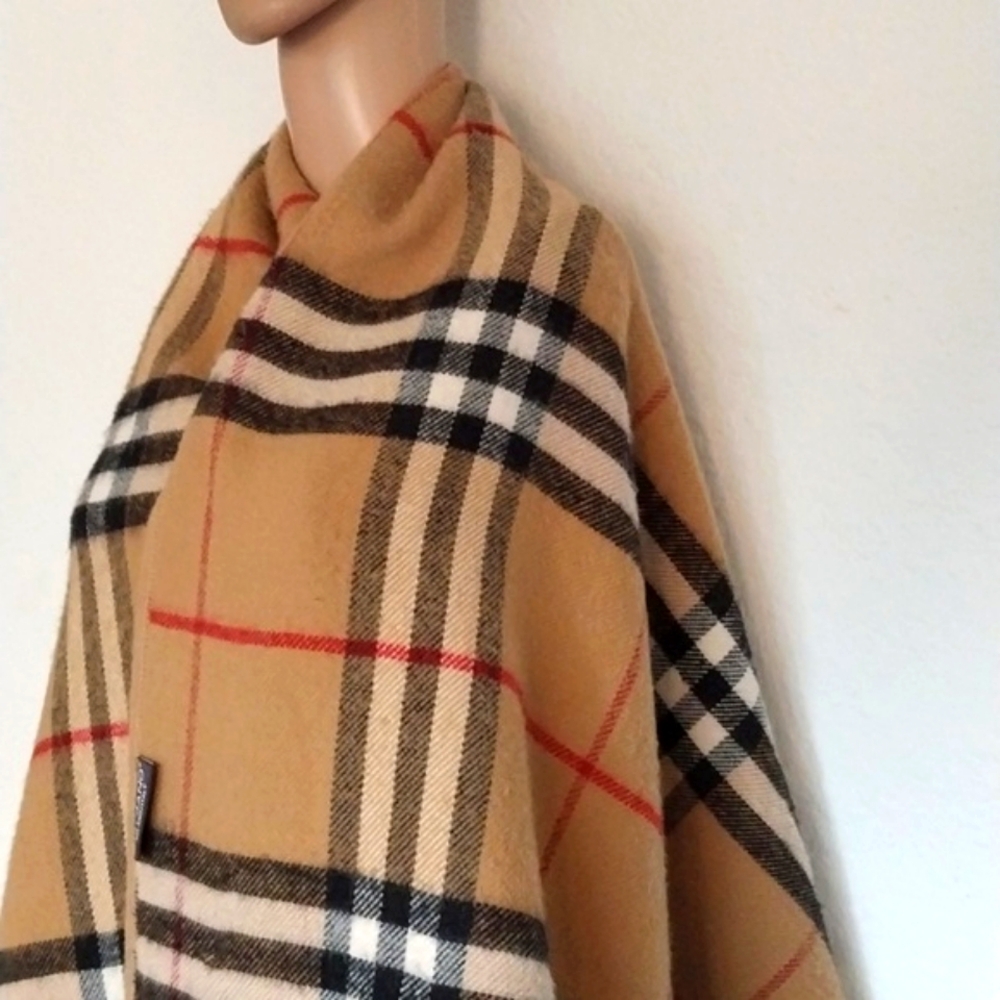 Shawl Cape Blanket Cashmere Wool Tan Blk Plaid Reversible Pockets Sorvano Italy